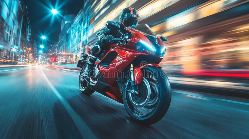 Blue adventure motorcycle on a forest trail with sunlight filtering through trees